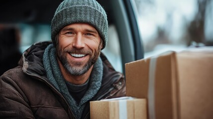 A warmly dressed man with a beard is standing beside packages and a vehicle, capturing a moment of warmth and resilience against a cold outdoor background.