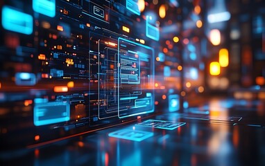 Leinwandbilder - 3D rendering of digital document management system, virtual interface with files in the background, modern and efficient design, futuristic tech visuals