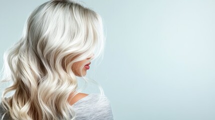 A woman with long, wavy blonde hair is turned slightly to her side, showcasing the beauty and elegance of her hairstyle against a neutral background.