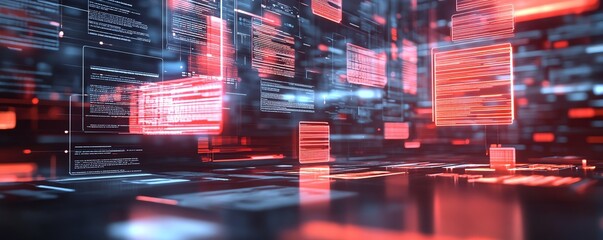 Fototapete - 3D rendering of virtual interface for digital document management system, files organized in background, futuristic and clean design, hightech visuals