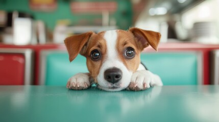 A cute puppy with large, expressive eyes peers over a diner booth table, capturing attention with its charm and innocence in a vibrant, retro-style setting.