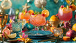 © Itsaraporn - A vibrant table setting for gourmet mocktails, featuring colorful drinks with fresh fruit garnishes, surrounded by beautiful glassware and stylish decorations
