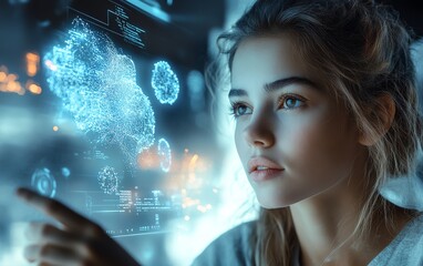 Fototapete - Businesswoman interacting with a cloud system to manage digital documents, 3D rendering, dynamic and professional visuals, modern design elements