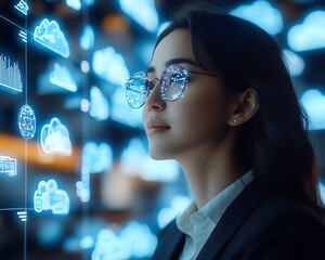 Fototapete - Businesswoman utilizing a cloud system for digital document management, 3D rendering, dynamic visuals, professional and modern atmosphere