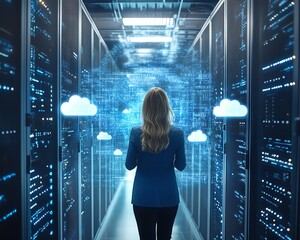 Poster - Businesswoman utilizing a cloud system for digital document management, 3D rendering, dynamic visuals, professional and modern atmosphere