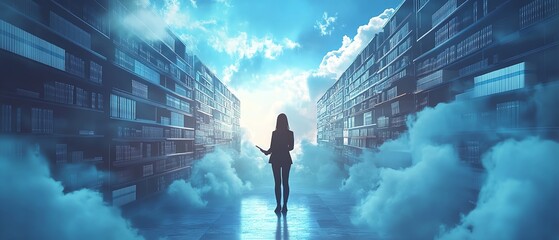 Fototapete - Cloud system concept showcasing a businesswoman managing documents, 3D rendering, sleek and contemporary design, hightech organizational layout