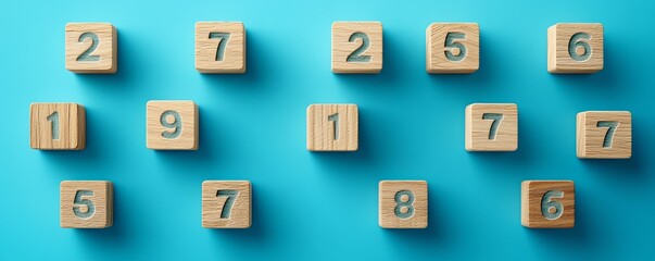 Poster - Creative arrangement of wooden blocks depicting 2025, set against a blue background, 3D rendering, contemporary design, engaging visuals