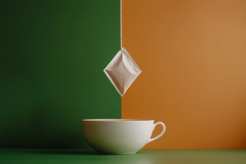 Sticker - A tea bag is steeped in a white ceramic cup, creating a calming moment against a colorful backdrop. Generative AI