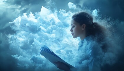 Aufkleber - Digital cloud management system with a businesswoman overseeing documents, 3D rendering, contemporary visuals, clean and professional design