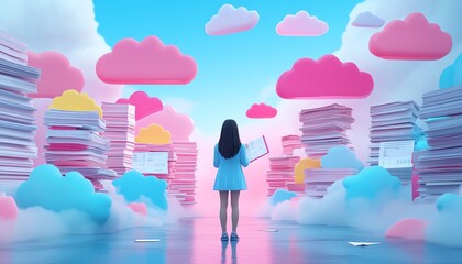 Aufkleber - Digital cloud management system with a businesswoman overseeing documents, 3D rendering, contemporary visuals, clean and professional design
