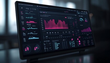 Poster - Interactive digital financial analysis dashboard displaying charts and graphs, 3D rendering, modern aesthetics, professional and efficient design