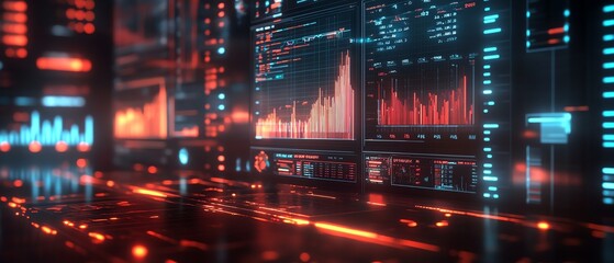 Leinwandbilder - Interactive digital financial analysis system featuring diverse charts and graphs, 3D rendering, contemporary aesthetics, sleek and efficient layout