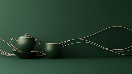 Aufkleber - A simple line art representation of a teapot and cup rests on a serene green background, inviting moments of reflection and relaxation. Generative AI