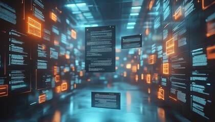 Leinwandbilder - Virtual interface for digital document management system, files floating in background, 3D rendering, futuristic and organized design, techfocused style