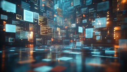 Leinwandbilder - Virtual interface for digital document management system, files floating in background, 3D rendering, futuristic and organized design, techfocused style