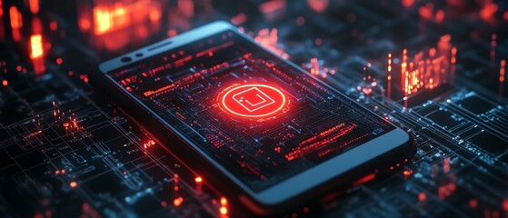 Aufkleber - 3D rendering of a smartphone showcasing a cybersecurity icon on a digital wireframe background, sleek design, hightech visuals, engaging composition