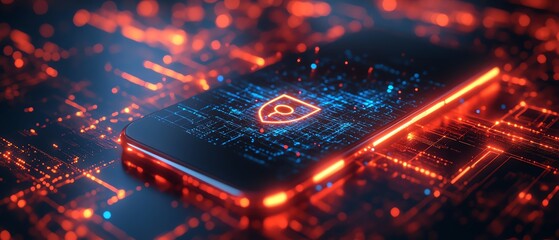 Leinwandbilder - 3D rendering of a smartphone showcasing a cybersecurity icon on a digital wireframe background, sleek design, hightech visuals, engaging composition