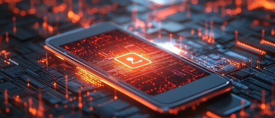 Leinwandbilder - 3D rendering of a smartphone showcasing a cybersecurity icon on a digital wireframe background, sleek design, hightech visuals, engaging composition
