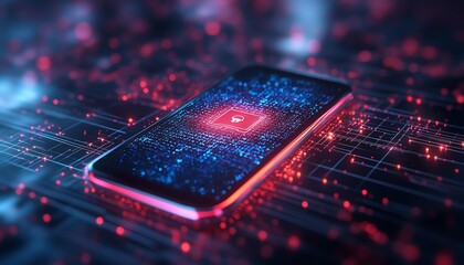 Fototapete - 3D rendering of a smartphone screen featuring a cybersecurity icon, surrounded by a digital wireframe backdrop, contemporary aesthetics, vibrant colors