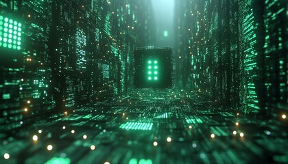 Aufkleber - 3D rendering of AI text against a dynamic green digital code backdrop, contemporary design, futuristic aesthetics, highimpact visuals