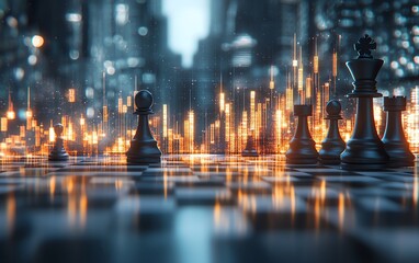 Aufkleber - 3D rendering of an abstract chessboard combined with a glowing candlestick forex chart on a blurred gray bokeh background, strategy and business planning concept, double exposure