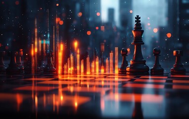 Aufkleber - 3D rendering of an abstract chessboard combined with a glowing candlestick forex chart on a blurred gray bokeh background, strategy and business planning concept, double exposure