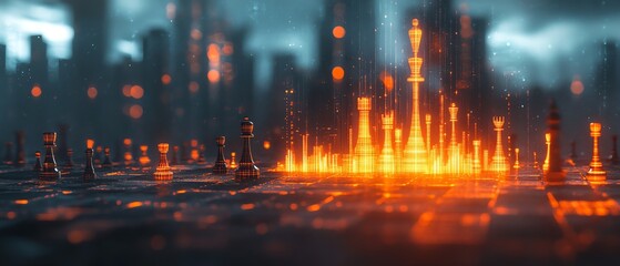Aufkleber - 3D rendering of an abstract chessboard featuring a glowing growing candlestick forex chart, blurred gray bokeh background, strategic trade concept, double exposure