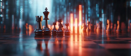 Aufkleber - 3D rendering of an abstract chessboard highlighted by a glowing candlestick forex chart against a blurred gray bokeh background, strategy and trade concept, double exposure