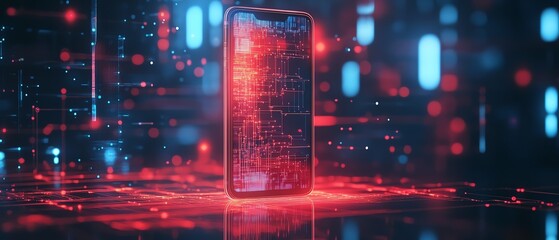 Fototapete - 3D visualization of a cybersecurity icon on a smartphone with a dynamic wireframe background, modern aesthetics, engaging and hightech design