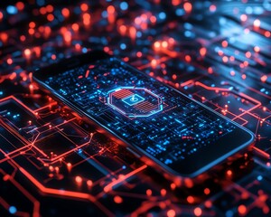 Fototapete - 3D visualization of a smartphone displaying a cybersecurity icon, complemented by a digital wireframe backdrop, vibrant and engaging design, modern technology