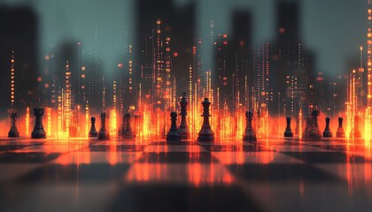 Aufkleber - Abstract chessboard design with glowing candlestick forex chart on a soft gray bokeh background, 3D rendering, trade strategy concept, double exposure