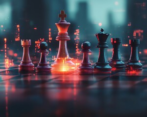 Poster - Abstract chessboard with a vibrant growing candlestick forex chart on a soft gray bokeh background, 3D rendering, business planning and strategy theme, double exposure