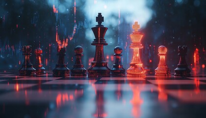 Aufkleber - Abstract chessboard design with glowing candlestick forex chart on a soft gray bokeh background, 3D rendering, trade strategy concept, double exposure