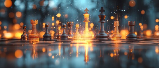 Poster - Abstract chessboard with a luminous growing candlestick forex chart, blurry gray bokeh backdrop, strategic trading concept, 3D rendering, double exposure