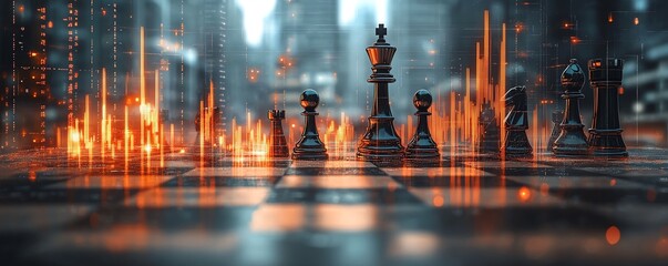Poster - Abstract chessboard with a glowing candlestick forex chart overlay on a blurry gray bokeh background, 3D rendering, strategy and business planning concept, double exposure