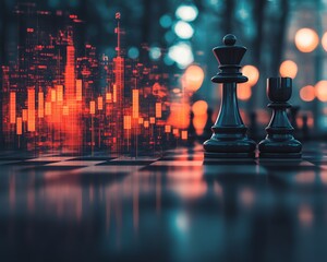 Poster - Abstract chessboard with a vibrant growing candlestick forex chart on a soft gray bokeh background, 3D rendering, business planning and strategy theme, double exposure