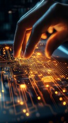 Wall Mural - futuristic touch interface concept: human finger interacting with glowing digital circuit board, sym