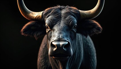 A closeup photo of a bulls face against a dark background