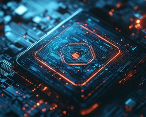 Aufkleber - Cybersecurity icon displayed on a smartphone screen against a digital wireframe background, 3D rendering, modern design, hightech visuals, secure technology