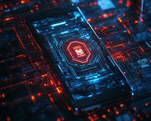 Aufkleber - Cybersecurity icon displayed on a smartphone screen against a digital wireframe background, 3D rendering, modern design, hightech visuals, secure technology