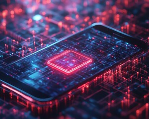 Aufkleber - Cybersecurity icon displayed on a smartphone screen against a digital wireframe background, 3D rendering, modern design, hightech visuals, secure technology