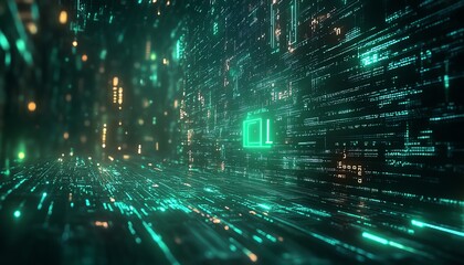 Aufkleber - Futuristic AI text overlaid on a green digital code background, 3D rendering, modern and organized layout, techfocused design, vibrant visuals