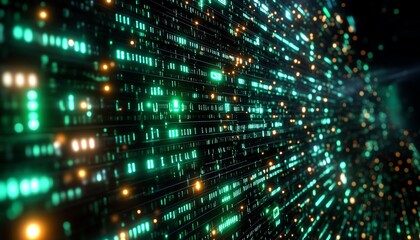 Aufkleber - Futuristic AI text overlaid on a green digital code background, 3D rendering, modern and organized layout, techfocused design, vibrant visuals