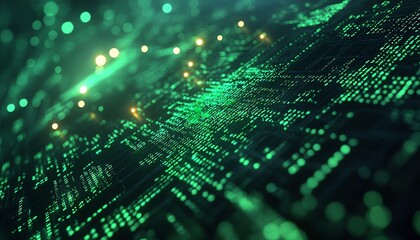 Aufkleber - Futuristic AI text overlaid on a green digital code background, 3D rendering, modern and organized layout, techfocused design, vibrant visuals