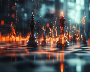 Aufkleber - Glowing candlestick forex chart on an abstract chessboard with a soft gray bokeh background, 3D rendering, business planning and strategy theme, double exposure