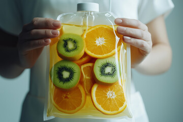 Nurse hand holding a iv bottle bag of slice of kiwi apple and orange fruit