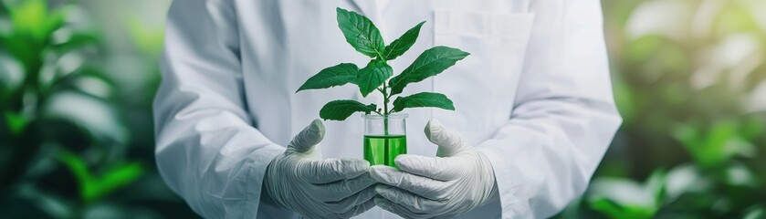 Scientist hands holding a small plant in a test tube, symbolizing growth and innovation in eco-friendly practices.