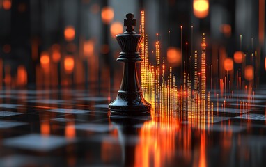 Aufkleber - 3D rendering of a chessboard featuring a glowing growing candlestick forex chart, blurred gray bokeh backdrop, business strategy and planning theme, double exposure