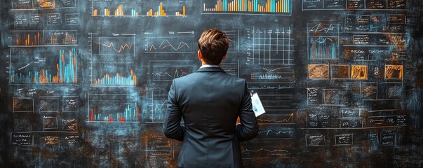Fototapete - 3D rendering of a businessperson illustrating charts and graphs on a blackboard during a presentation, modern aesthetics, effective communication