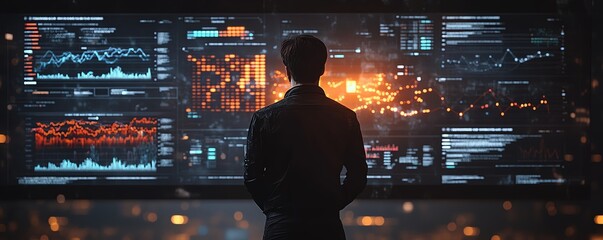 Fototapete - 3D rendering of a businessperson illustrating charts and graphs on a blackboard during a presentation, modern aesthetics, effective communication